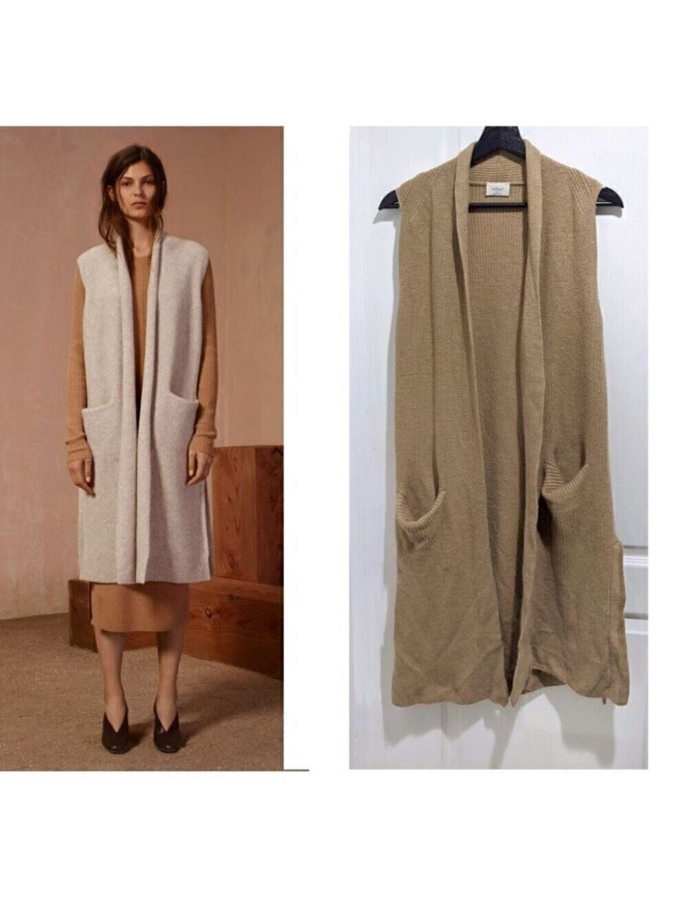 Aritzia Wilfred | Olivie long, merino-wool cardigan vest in Camel